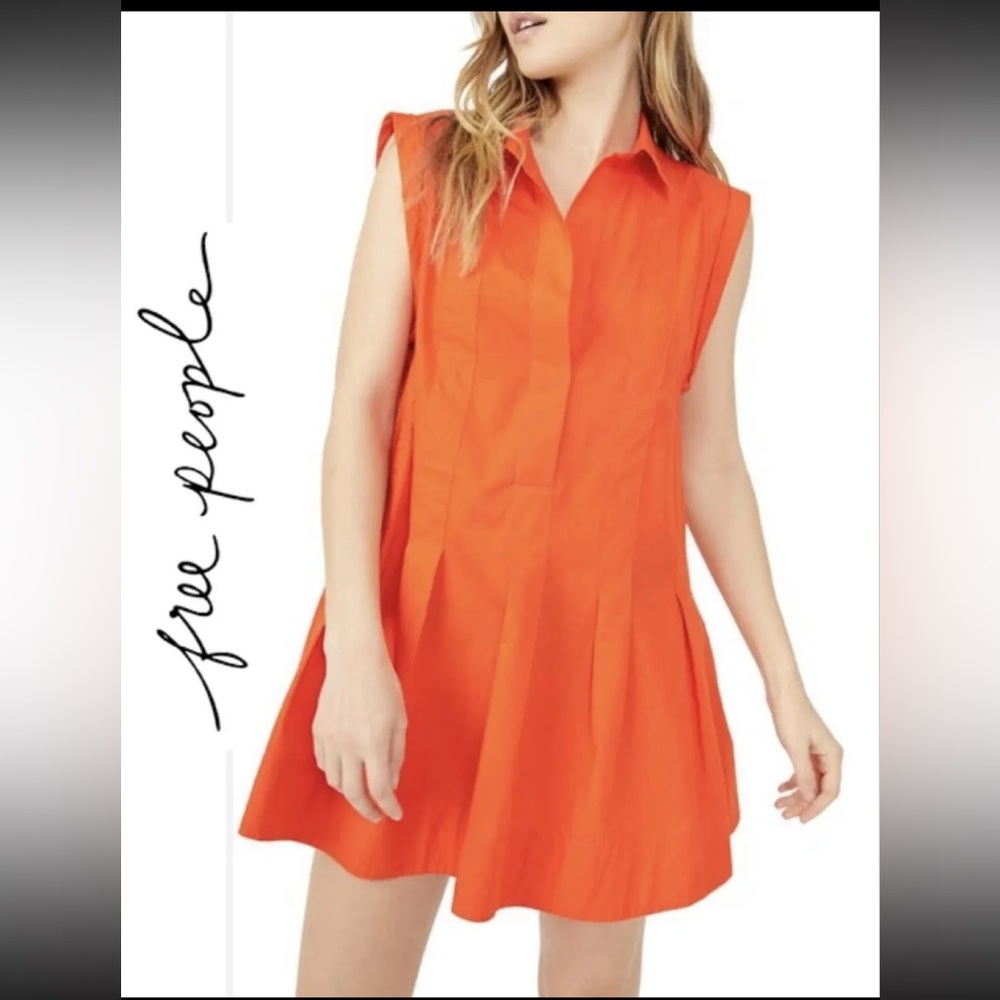 Free People Naomi Pleated Cotton Mini Dress Tangerine Tango Size XS